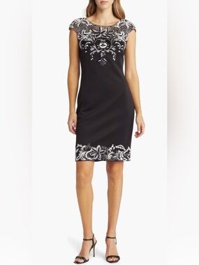 Xscape Embroidered Appliqué Scuba Crepe Cocktail Dress in Black & White